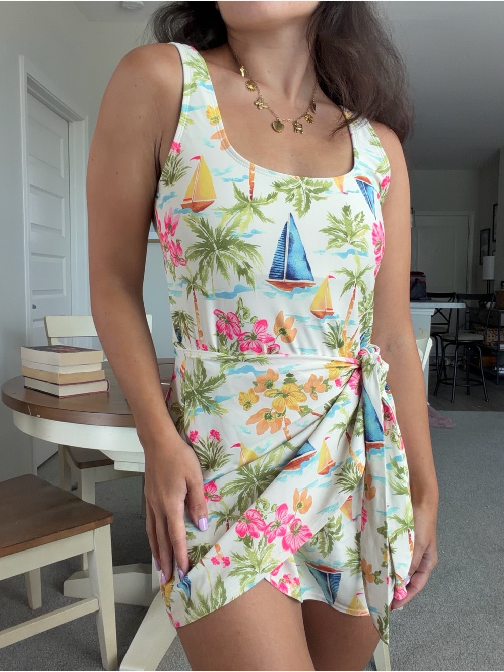Old Navy White One-Piece Swim Dress with Multicolor Sailboat & Floral Print